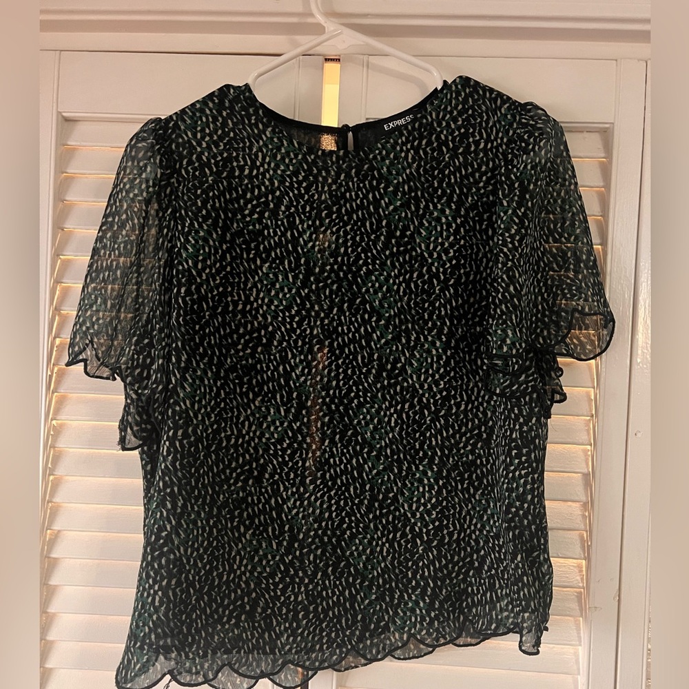 Express Black & Green Printed Flutter Sleeve Blouse
